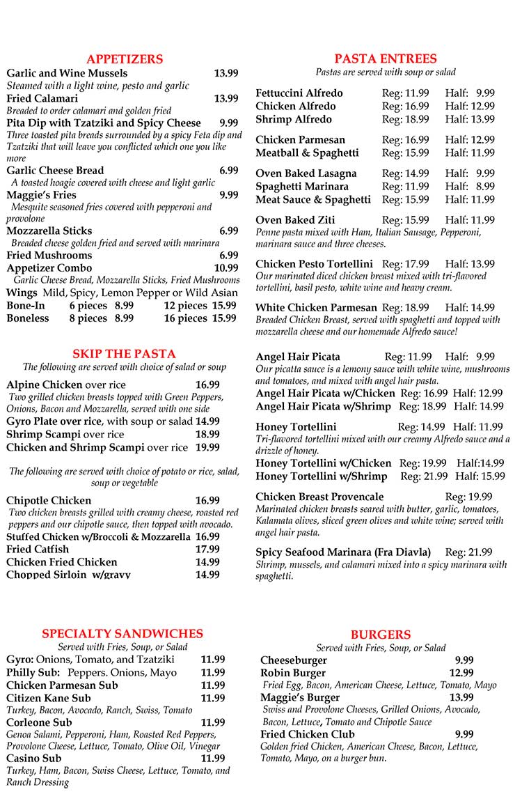 Maggie's Italian Restaurant Menu